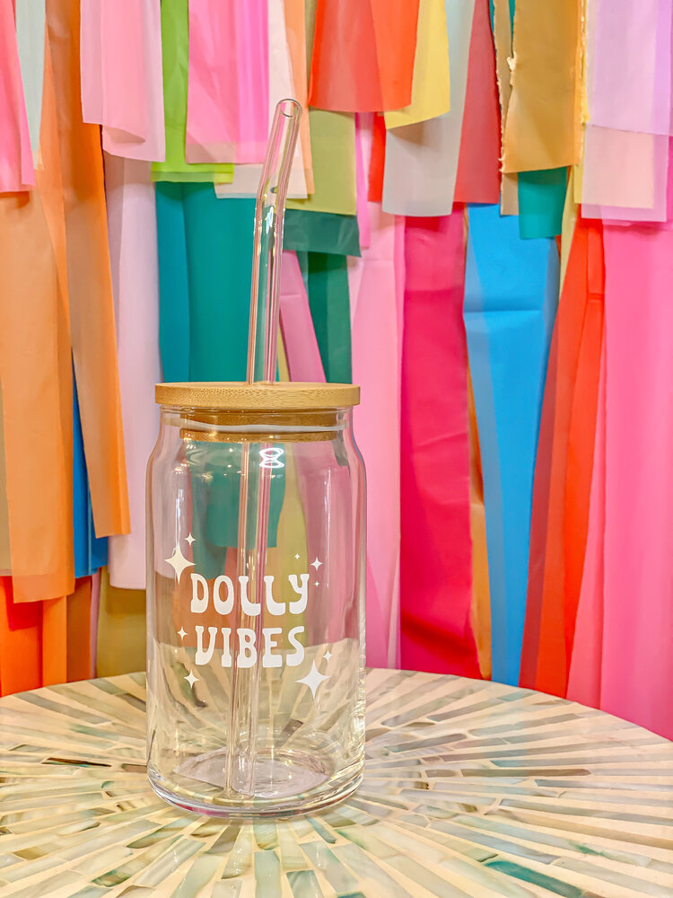 Maddon & Co Dolly Vibes Glass Cup with Lid & Glass Straw