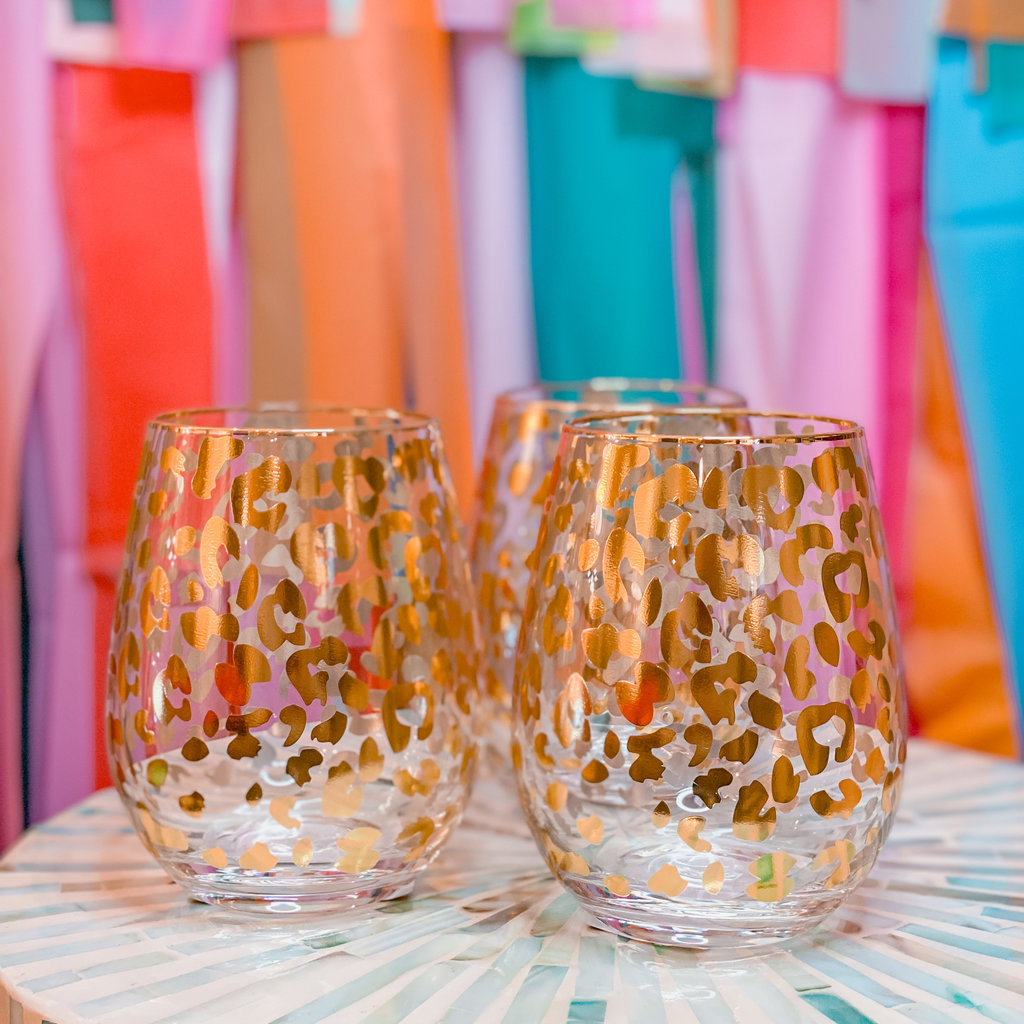 Gold Leopard Stemless Wine Glass