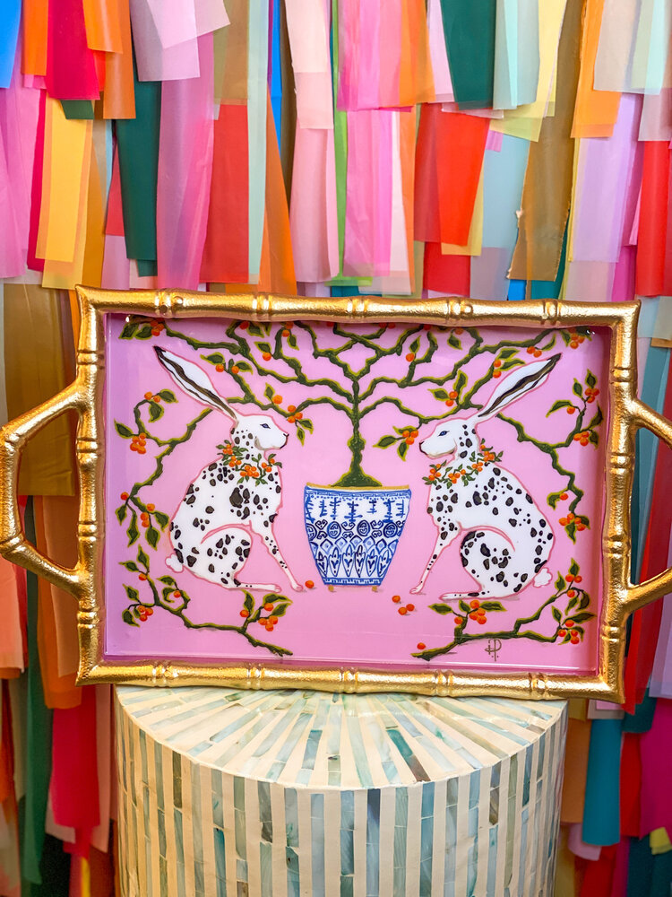 Jaye's Studio Bunnies Enameled Chang Mai Tray 10x14