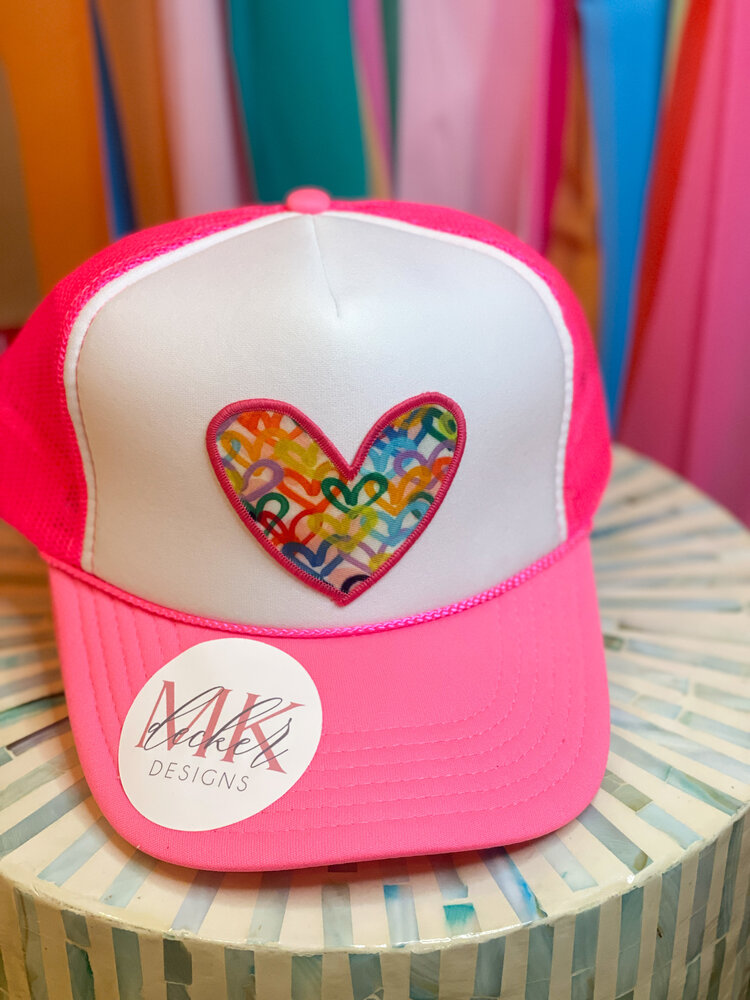 MK Decker Designs Neon Pink Heart Trucker Hat
