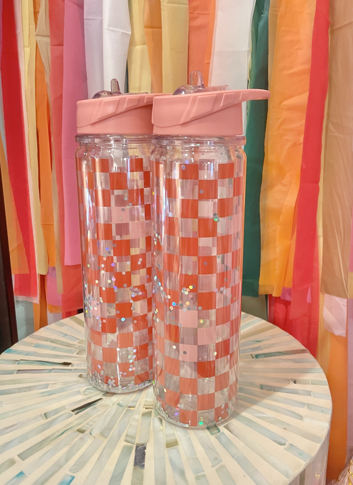 Pink Checker Water Bottle Savvy Blake LLC