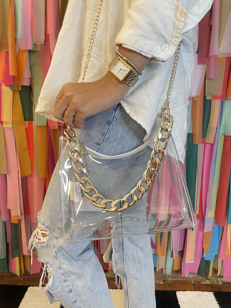 Cash and Carry Boujee Babe Clear Purse - Gold Chain