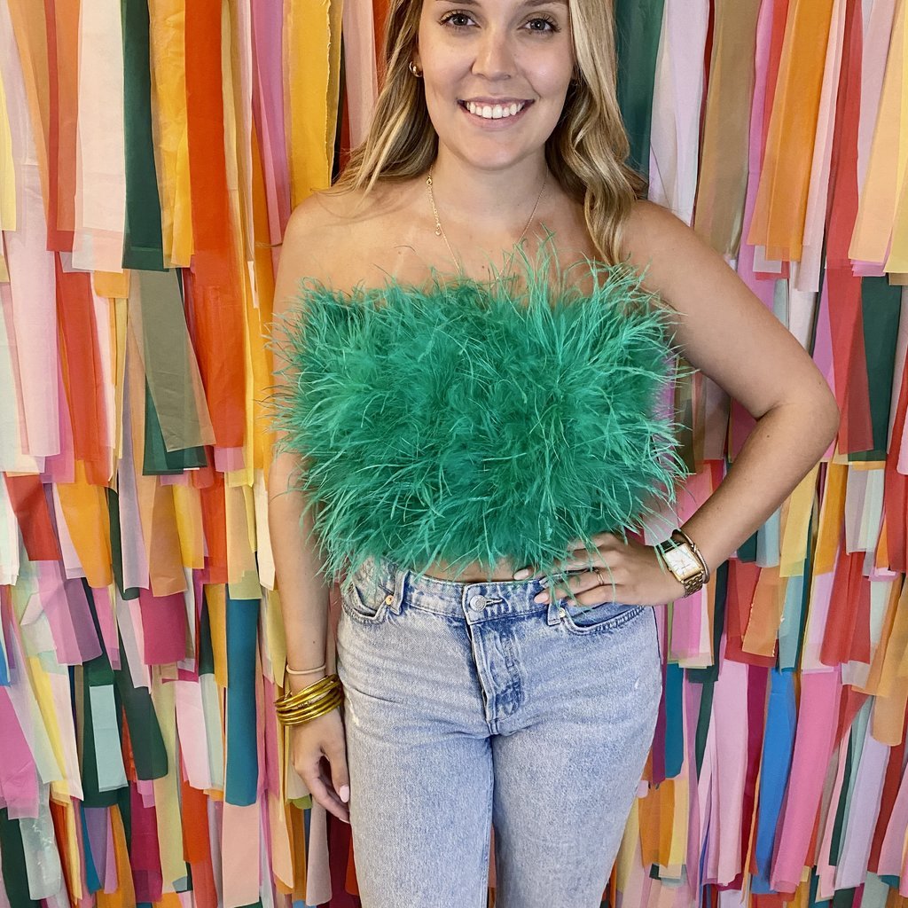 Buddy Love FANCY STRAPLESS FEATHER CROP TOP - GREEN
