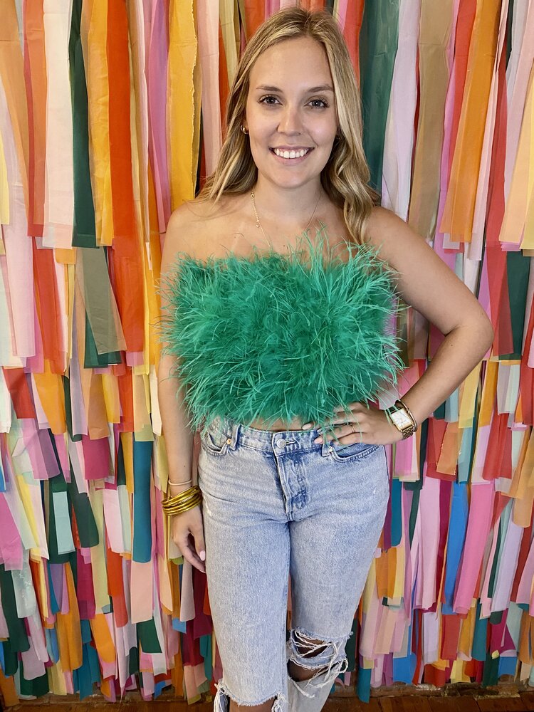 Buddy Love FANCY STRAPLESS FEATHER CROP TOP - GREEN