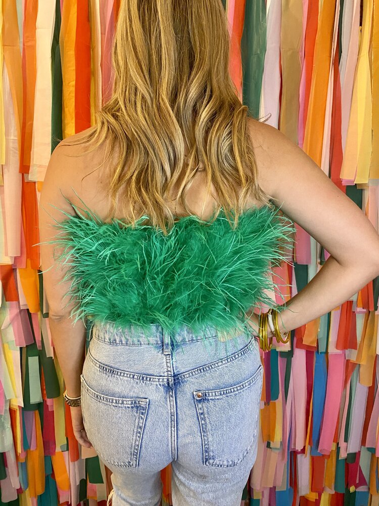 Buddy Love FANCY STRAPLESS FEATHER CROP TOP - GREEN