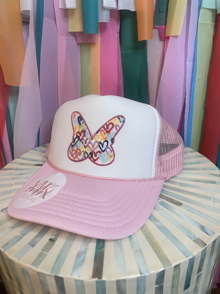 MK Decker Designs Light Pink & White Butterfly Trucker Hat