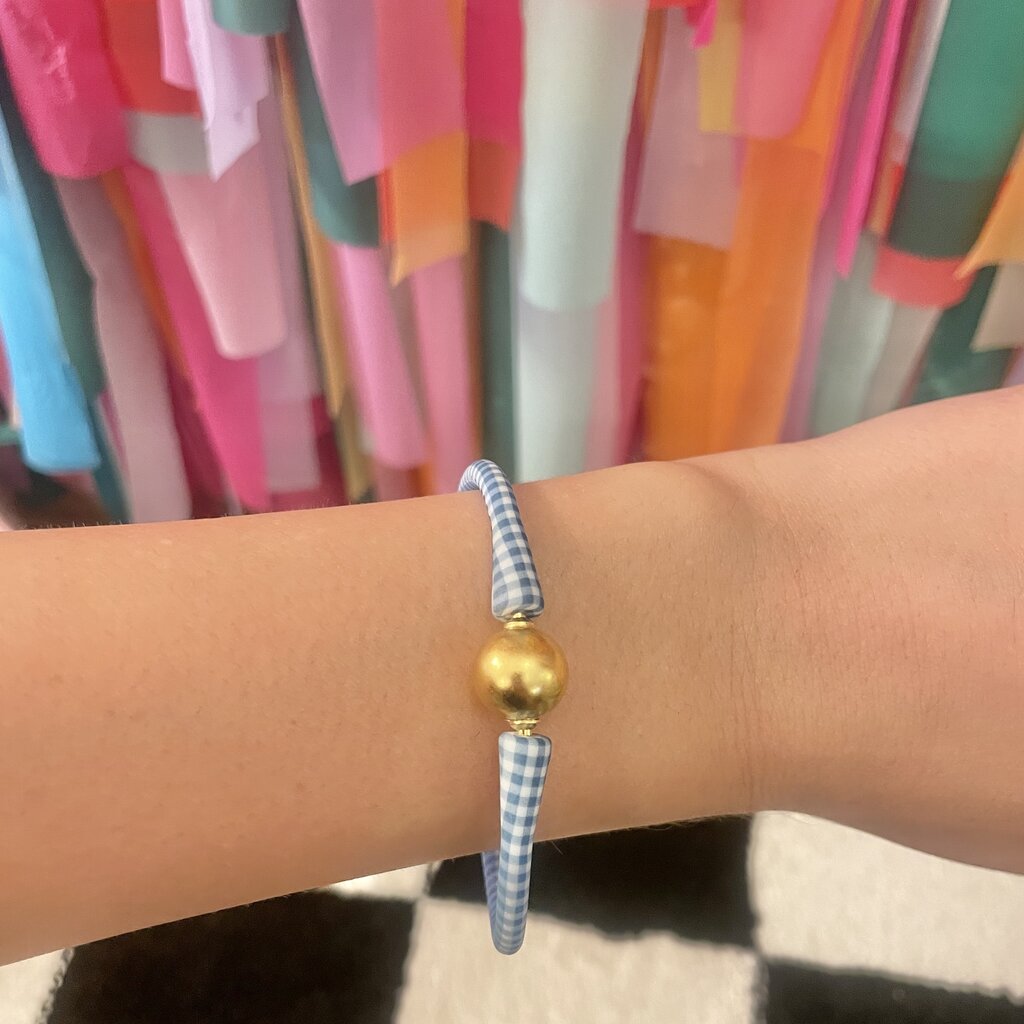 canvas Bali 24K Gold Plated Ball Bead Silicone Bracelet - Blue Gingham