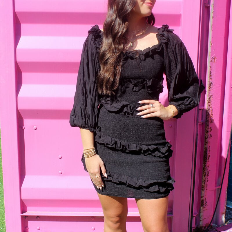 Mable Smocked Ruffle Savvy Mini Dress - Black