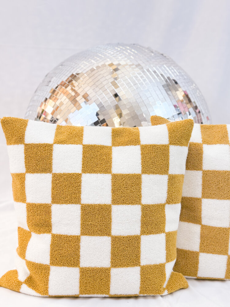 Aztec Home Mustard & White Check Pillow. 18x18