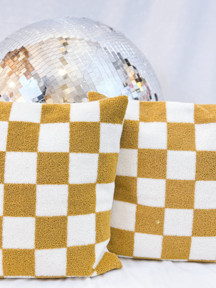 Aztec Home Mustard & White Check Pillow. 18x18