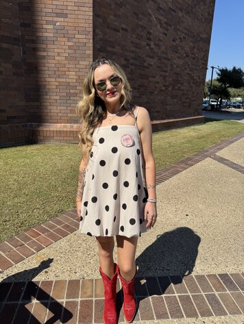 Blue Blush Polka Dot Mini Bubble Hem Dress w/ Shoulder Ties