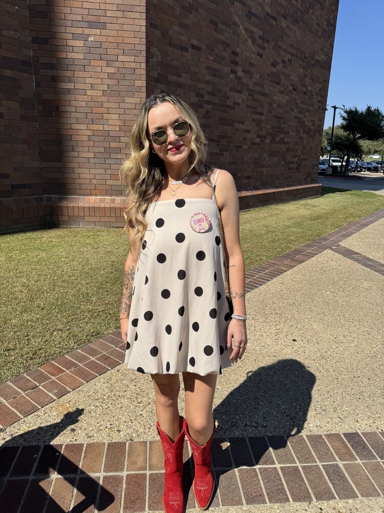 Blue Blush Polka Dot Mini Bubble Hem Dress w/ Shoulder Ties