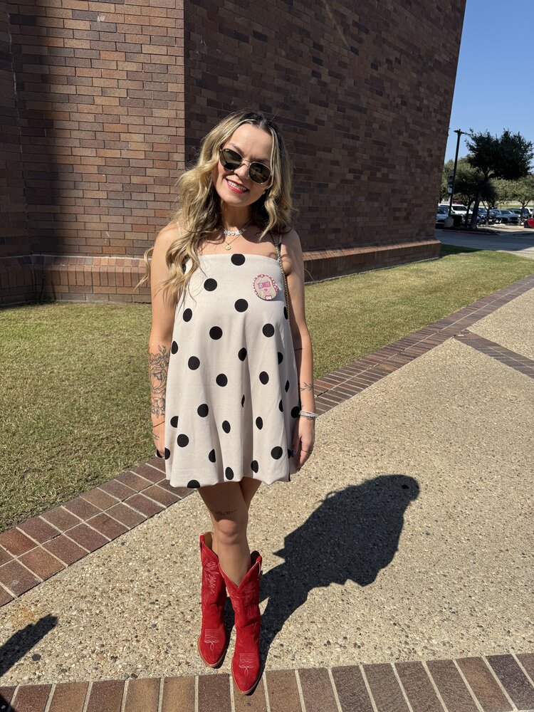 Blue Blush Polka Dot Mini Bubble Hem Dress w/ Shoulder Ties