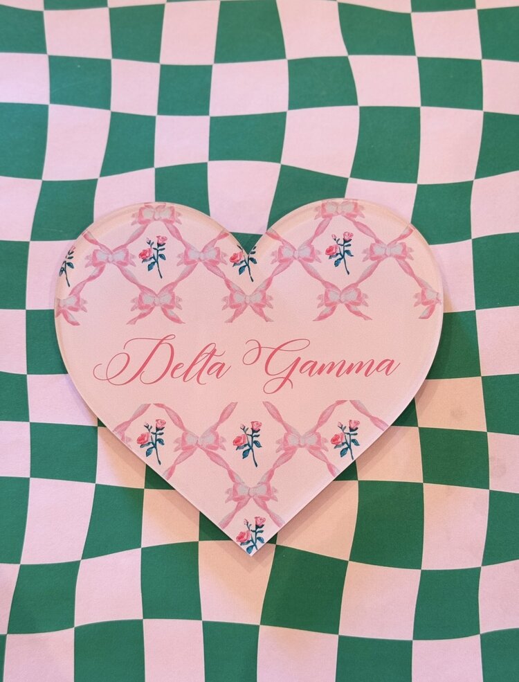 Over The Moon Greek Delta Gamma Double Sided Acrylic Heart Coaster