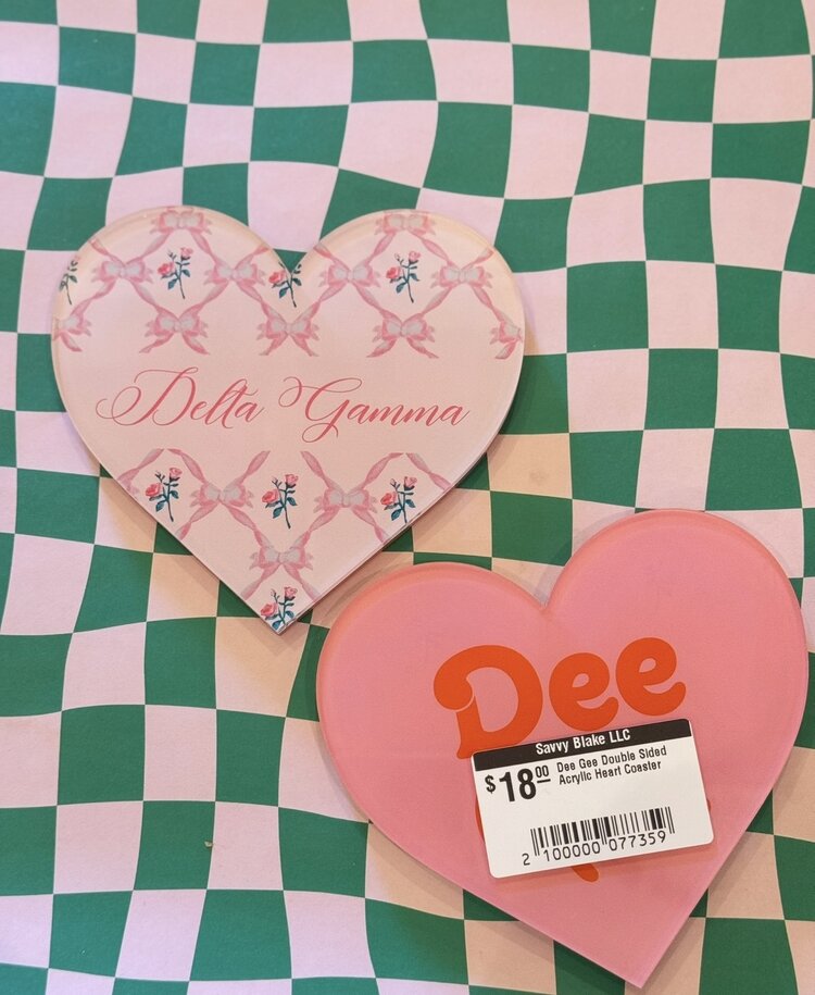 Over The Moon Greek Delta Gamma Double Sided Acrylic Heart Coaster