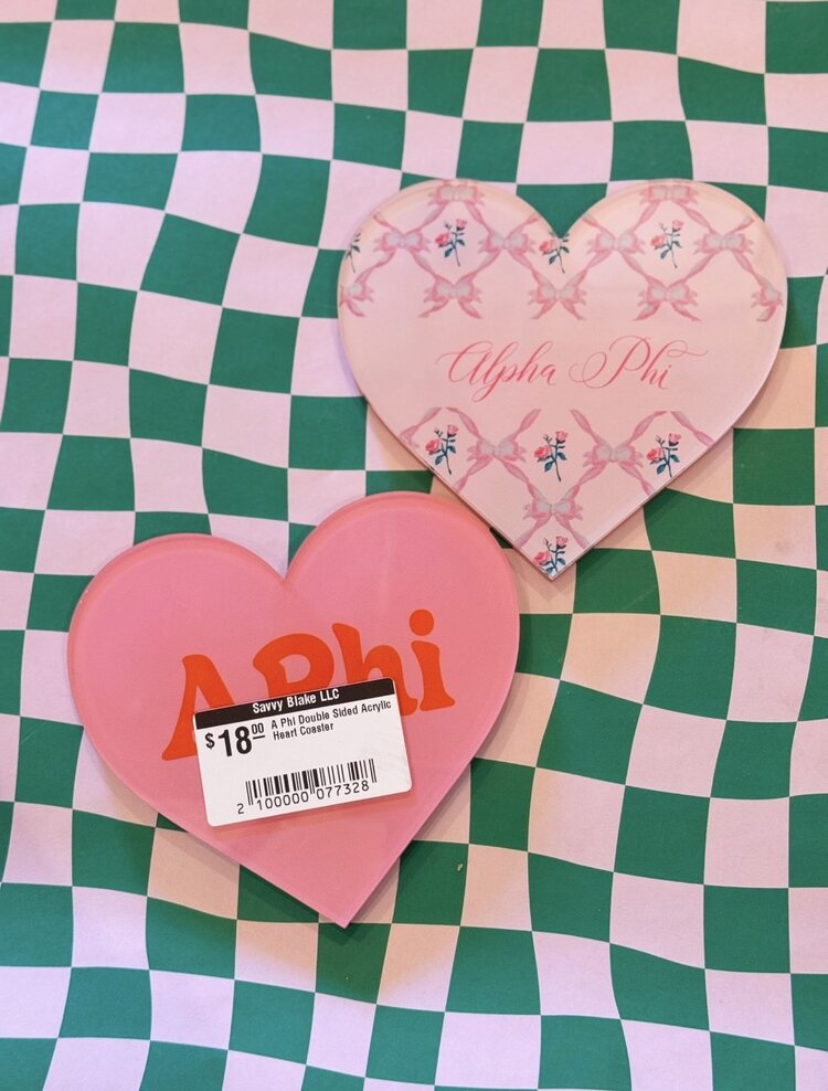 Over The Moon Greek A Phi Double Sided Acrylic Heart Coaster