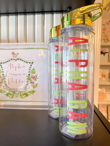 Over The Moon Greek Alpha Gamma Delta  24oz Waterbottle With Gold Flip Top