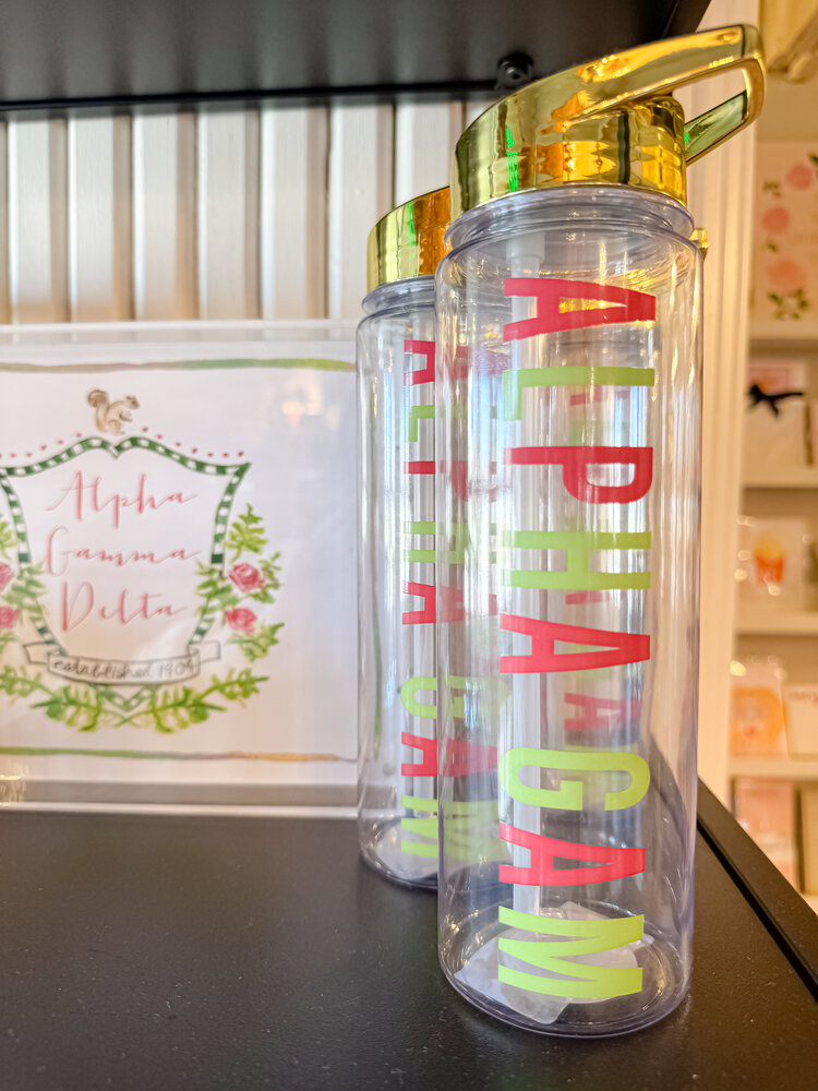 Over The Moon Greek Alpha Gamma Delta  24oz Waterbottle With Gold Flip Top