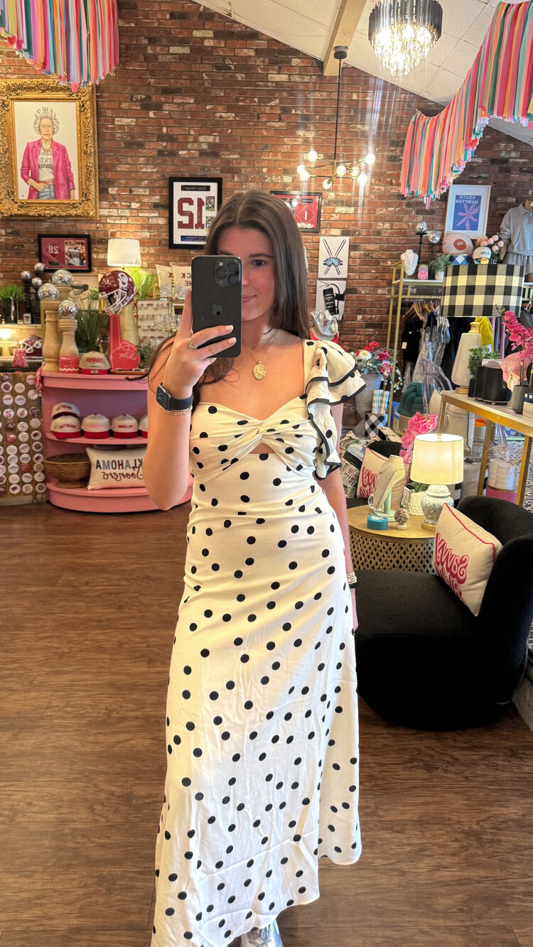 Mable POLKA DOT FRONT TWIST ONE SHOULDER RUFFLE DRESS