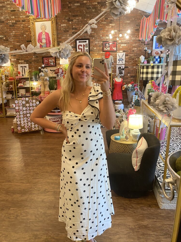 Mable POLKA DOT FRONT TWIST ONE SHOULDER RUFFLE DRESS