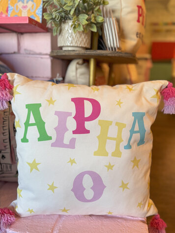 Over The Moon Greek Oh my Stars Tassel Pillow - Alpha Omicron Pi