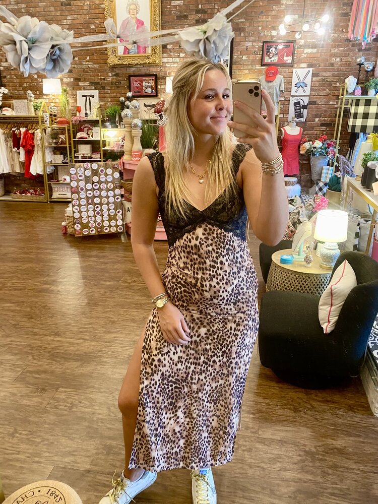 Blue Blush Mesh Leopard Side Slit Maxi Dress