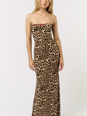 Blue Blush Leopard Prit Tube Maxi Dress w/ Red Trim