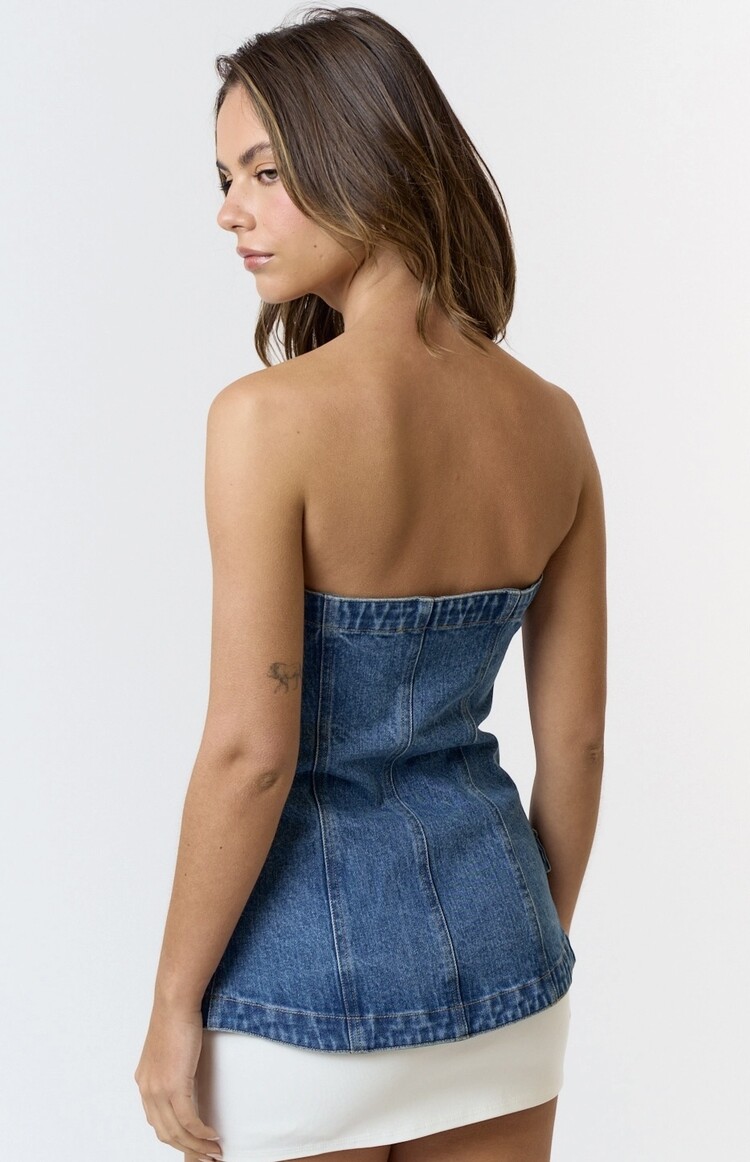 Blue Blush Stretch Denim Button Down Tube Top