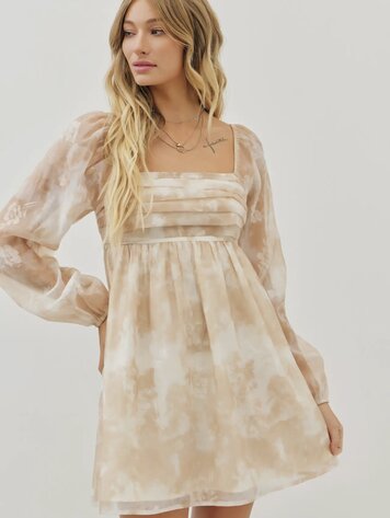 idem ditto Romantic Sheer Floral Pleated Babydoll Dress - Cinnamon