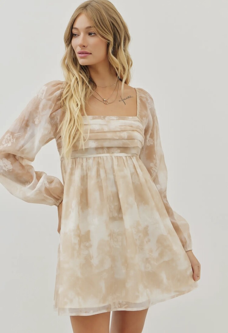 idem ditto Romantic Sheer Floral Pleated Babydoll Dress - Cinnamon