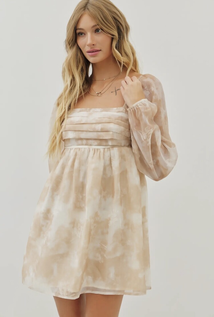 idem ditto Romantic Sheer Floral Pleated Babydoll Dress - Cinnamon