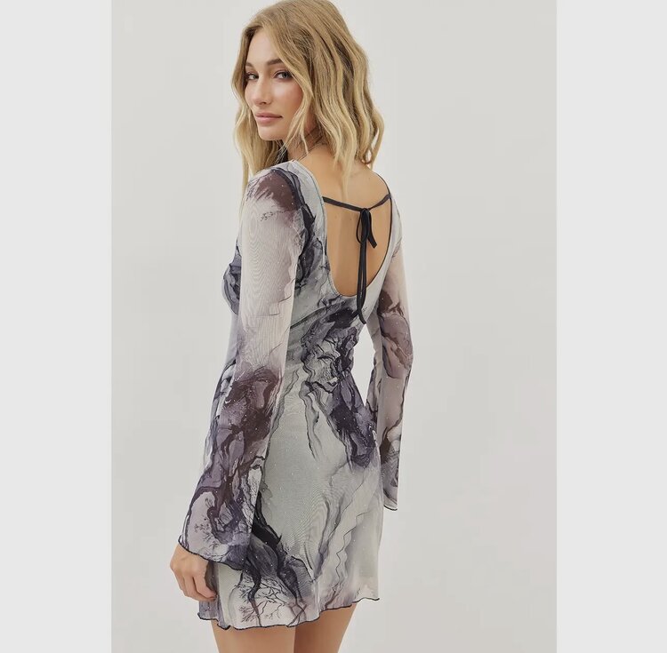 idem ditto Sheer Mesh Mini Dress in Marble Print Rhinestones