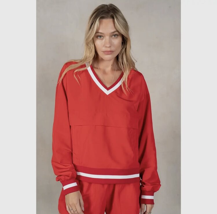 lalamia Woven V-Neck Ribbon Windbreaker - Red