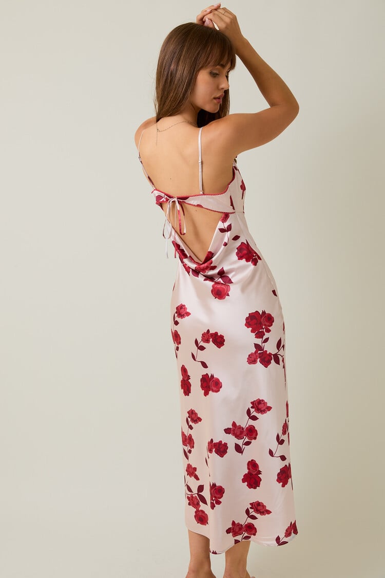 LE LIS Spaghetti Strap Lace Trim Detail Cowl Back Satin Midi Dress