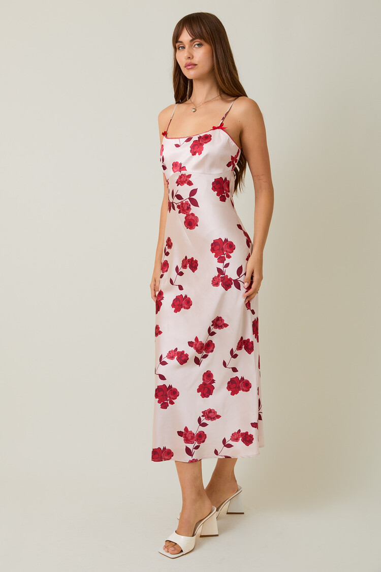 LE LIS Spaghetti Strap Lace Trim Detail Cowl Back Satin Midi Dress