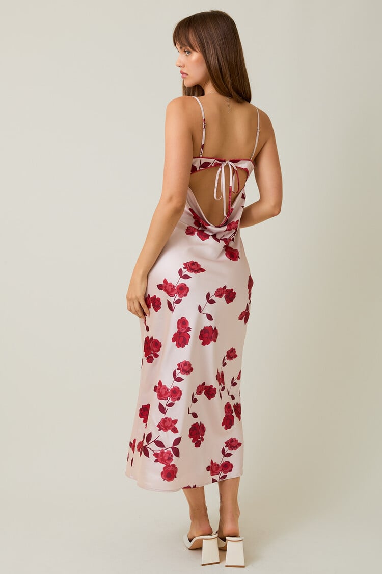 LE LIS Spaghetti Strap Lace Trim Detail Cowl Back Satin Midi Dress