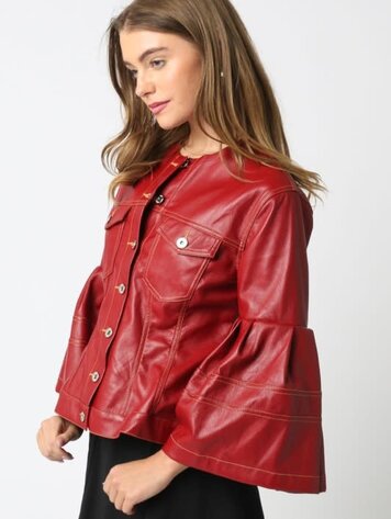 Olivaceous Lola Pu Ruffle Jacket - Red Leather