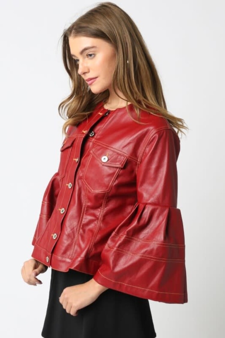 Olivaceous Lola Pu Ruffle Jacket - Red Leather