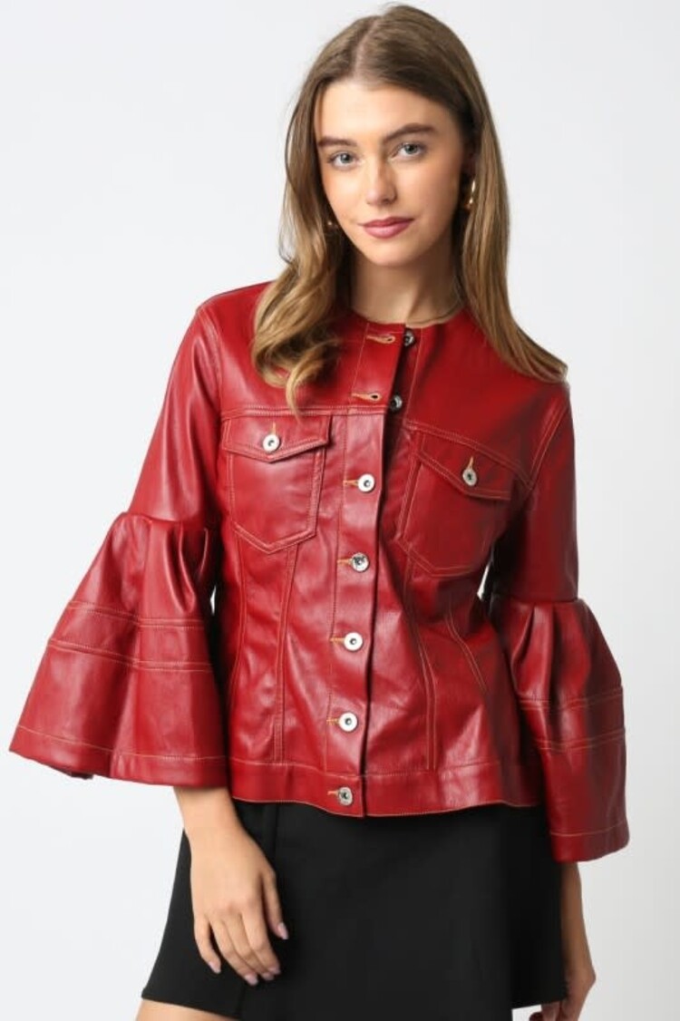 Olivaceous Lola Pu Ruffle Jacket - Red Leather
