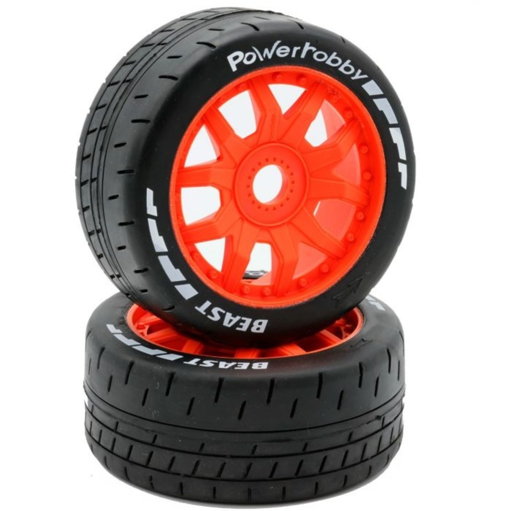 Power Hobby PHBPHT2401-SO - 1/8 GT Beast Belted Mounted Tires 17mm Soft Orange Wheels