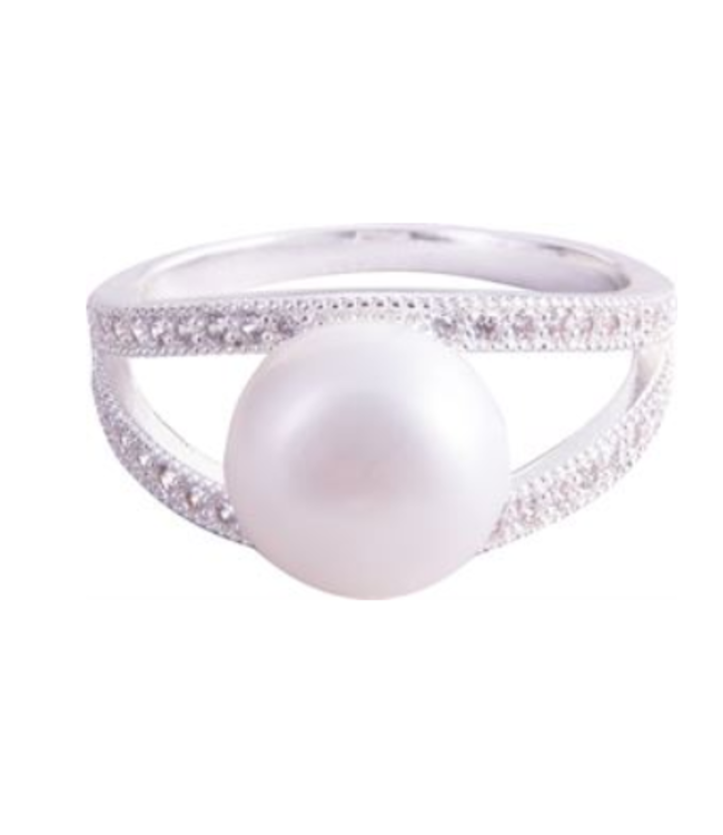 Cradled Pearl Ring with Diamond Crystals