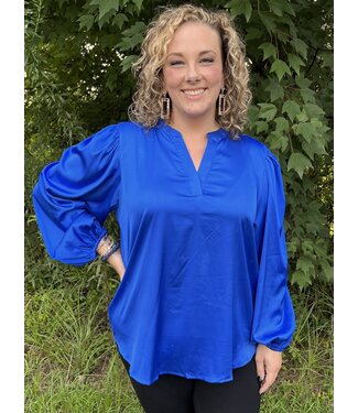 She+Sky Reg/Curvy Split Neck Banded Collar Long Sleeve Satin Top