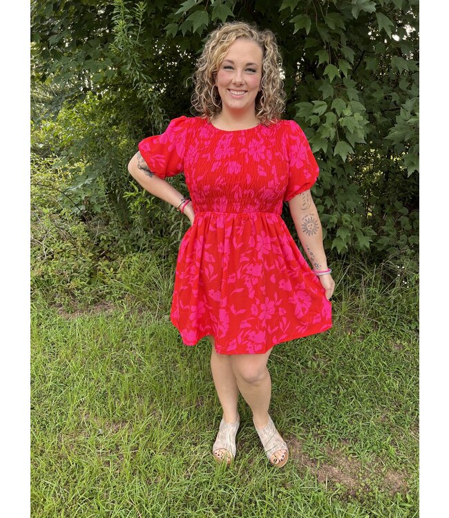 First Love Reg/Curvy Floral Print Smocked Bodice Short Dress with Puff Sleeve Detailing