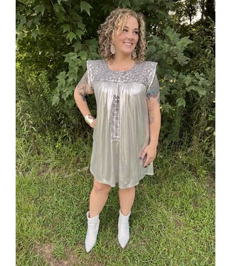 Savanna Jane Embroidered  Round Neck Dress with Shimmery Iridescent Detailing and Dolman Sleeve