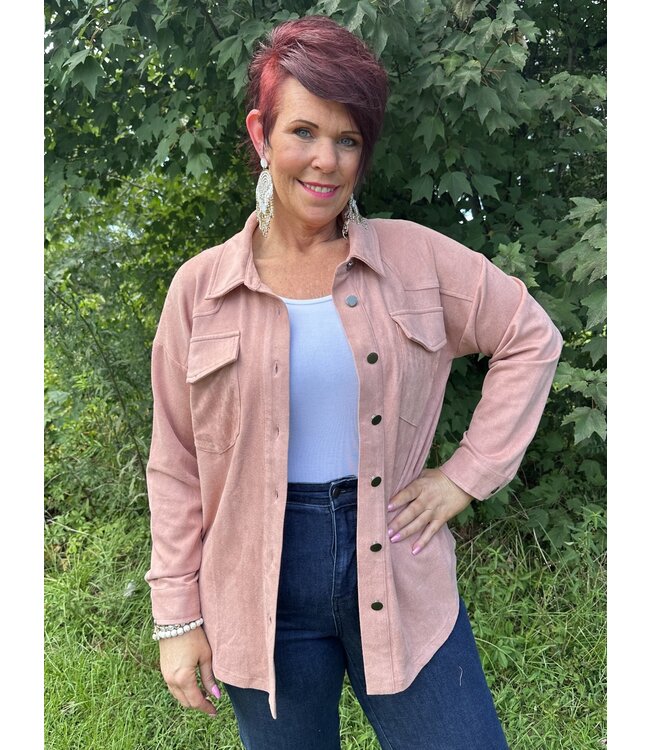 Reg/Curvy Soft Faux Suede Button Front Shacket with Pocket Detailing