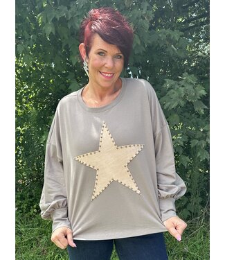 easel Reg/Curvy Long Sleeve Drop Shoulder Cotton Top with Suede Star Patch Detailing