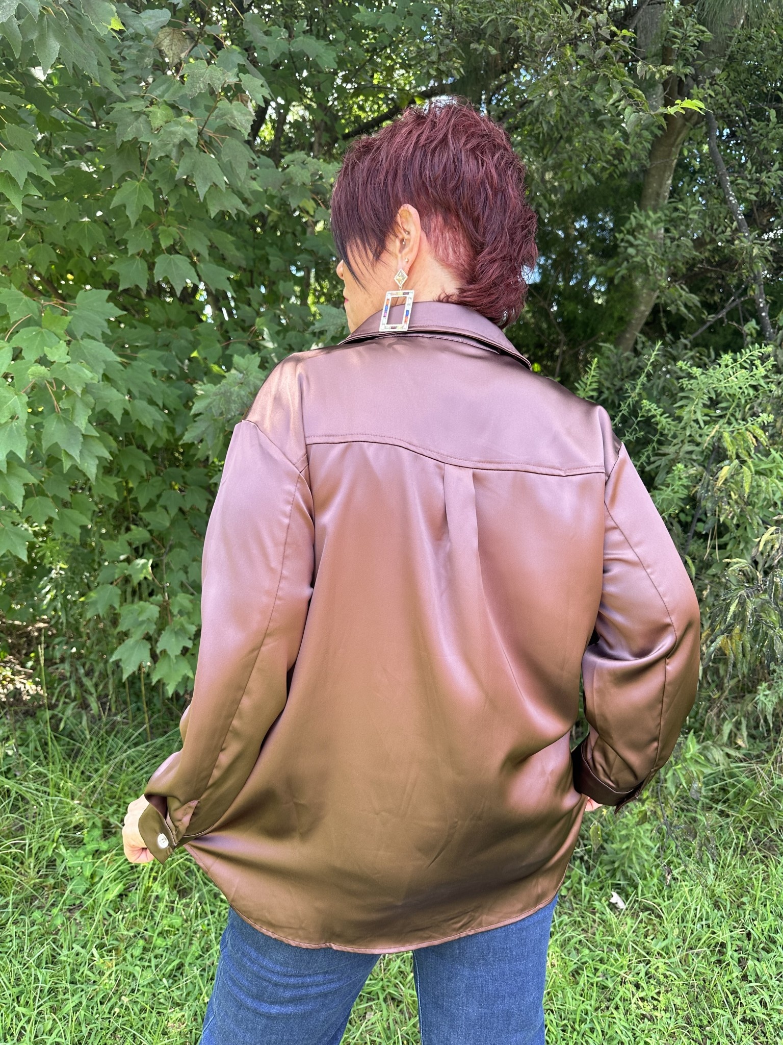 Oversized Satin Button Down Shirt with Front Chest Pocket Gypsy River