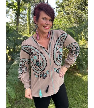 Savanna Jane Geometric and Floral Embroidery V Neckline Top with Tassel detail and Shirred Cuffed Long Sleeves