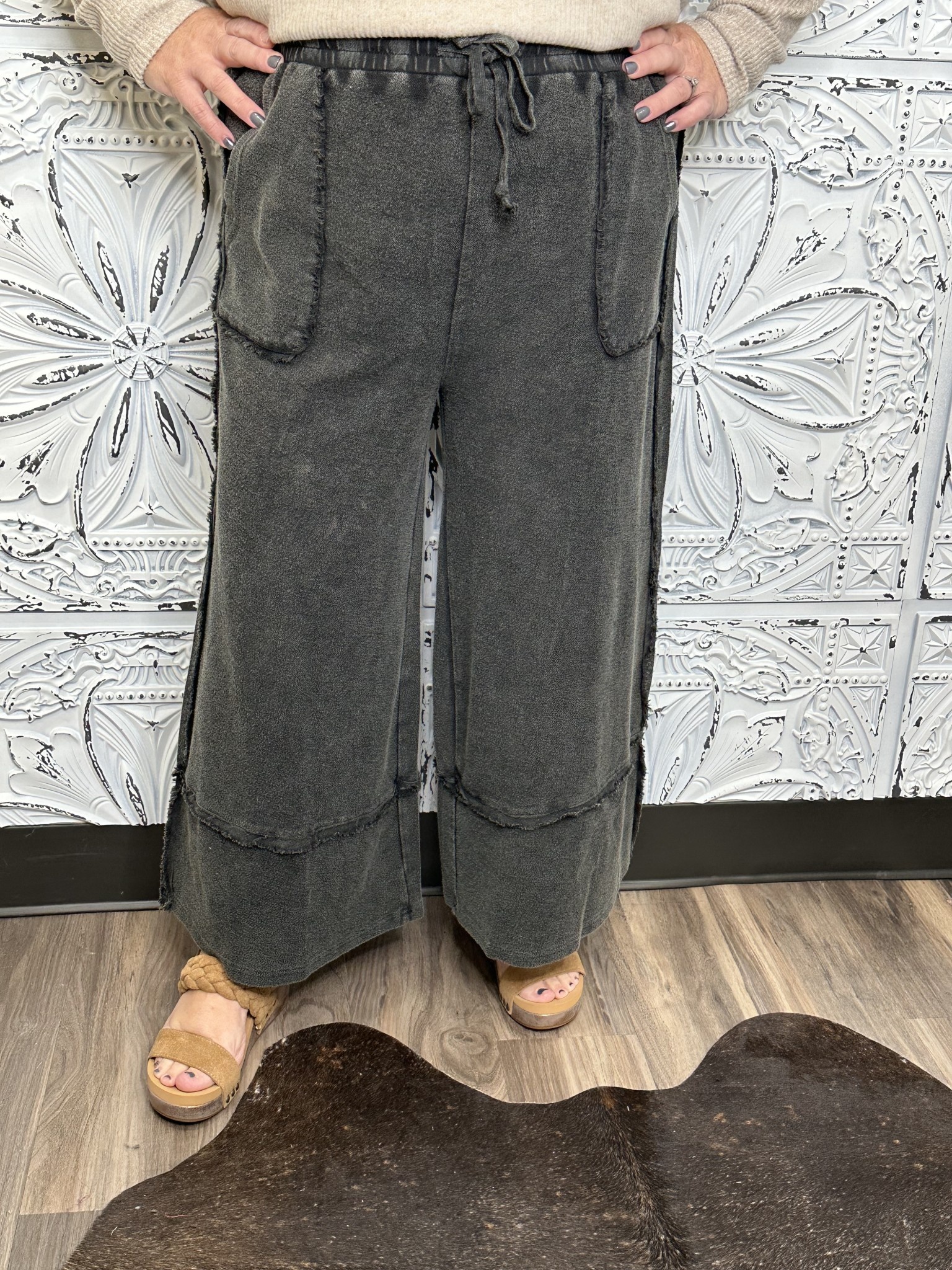 MINERAL WASHED WIDE LEG TERRY KNIT PALAZZO PANTS Gypsy River Apparel