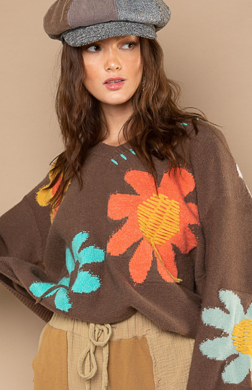 Floral Print with Contrast Stitching V Neck Sweater - Gypsy River